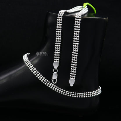 Sterling silver 10.5-inch triple-line beaded ball chain anklet from TRIBAL ORNAMENTS, lightweight and delicate silver jewelry for ank613.