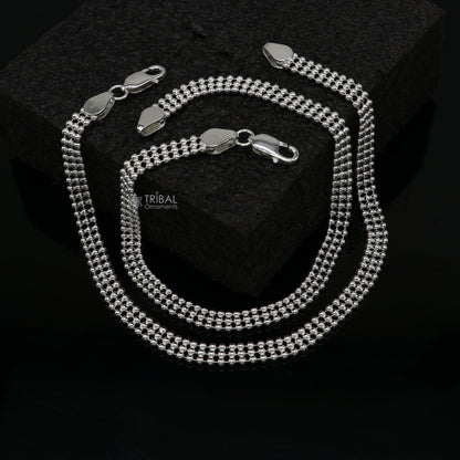 Sterling silver 10.5-inch triple-line beaded ball chain anklet with delicate, lightweight design, ideal for belly dance or casual wear.