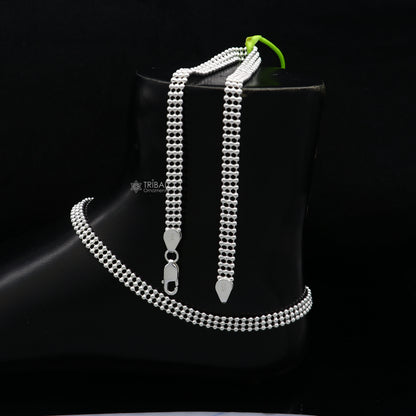 Sterling silver 10.5-inch triple line beaded ball chain anklet bracelet with delicate, lightweight design for belly dance or casual wear.