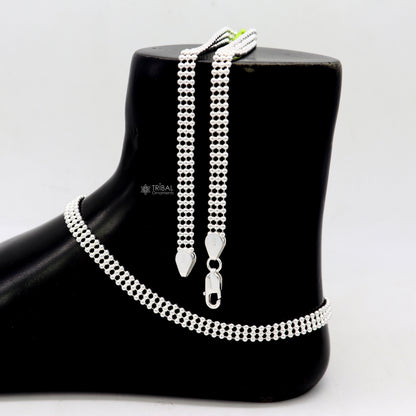 Sterling silver 10.5-inch ankle bracelet with triple beaded and ball chain design, lightweight delicate jewelry for belly dance.