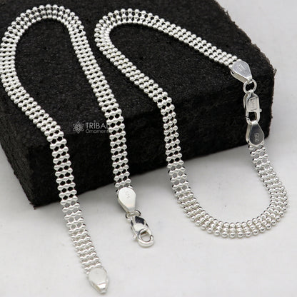 Sterling silver 10.5-inch triple-line beaded ball chain anklet by TRIBAL ORNAMENTS, lightweight and delicate belly dance jewelry.