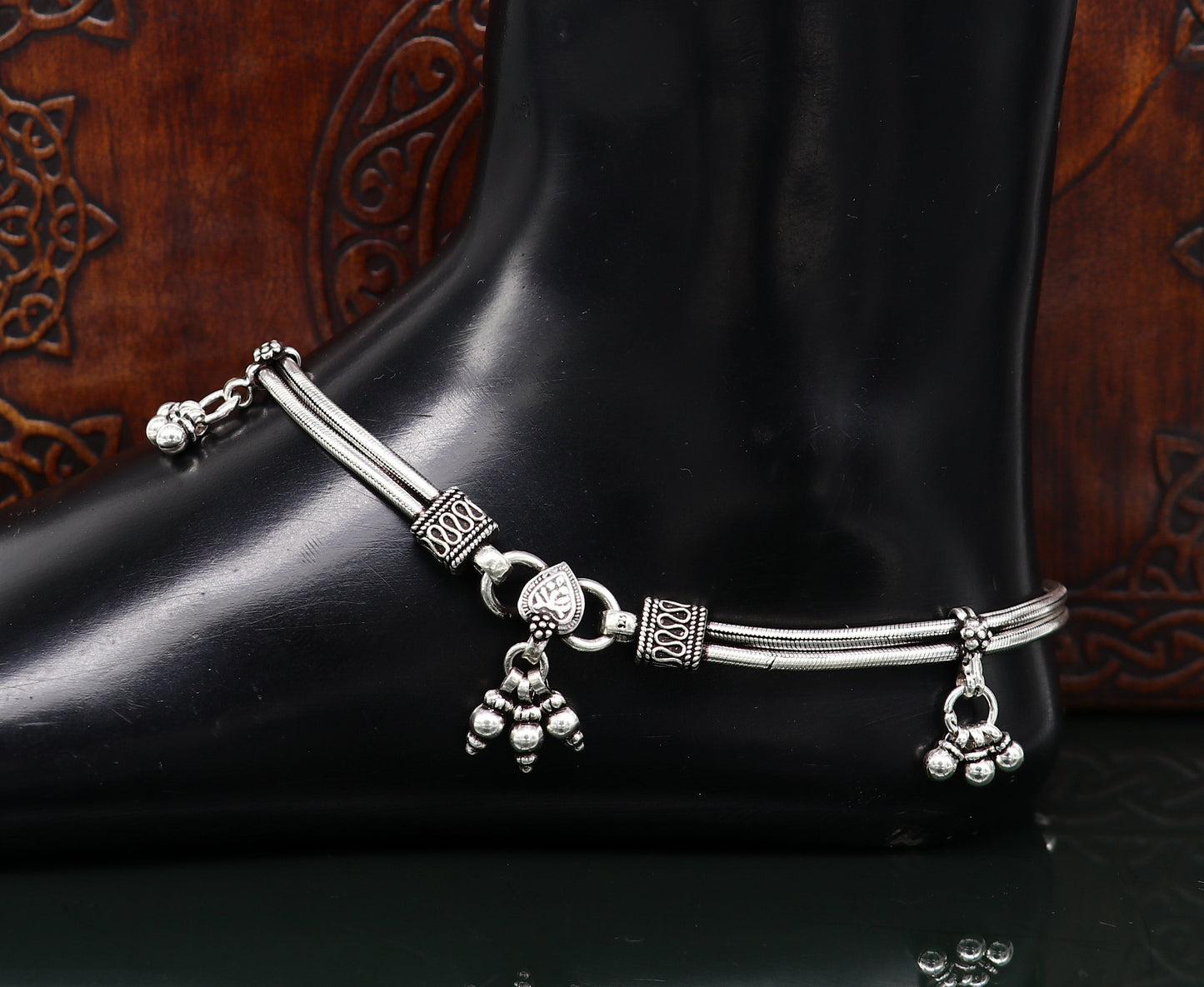 Vintage 10.5-inch sterling silver snake style anklet with hanging bells, handmade tribal foot jewelry from Tribal Ornaments.