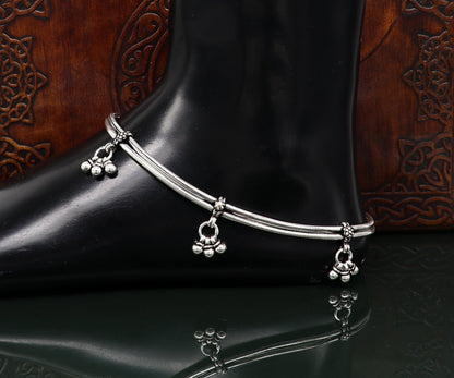 Sterling silver vintage snake style anklet with hanging bells, handmade tribal foot jewelry, 10.5 inches, antique tribal design.