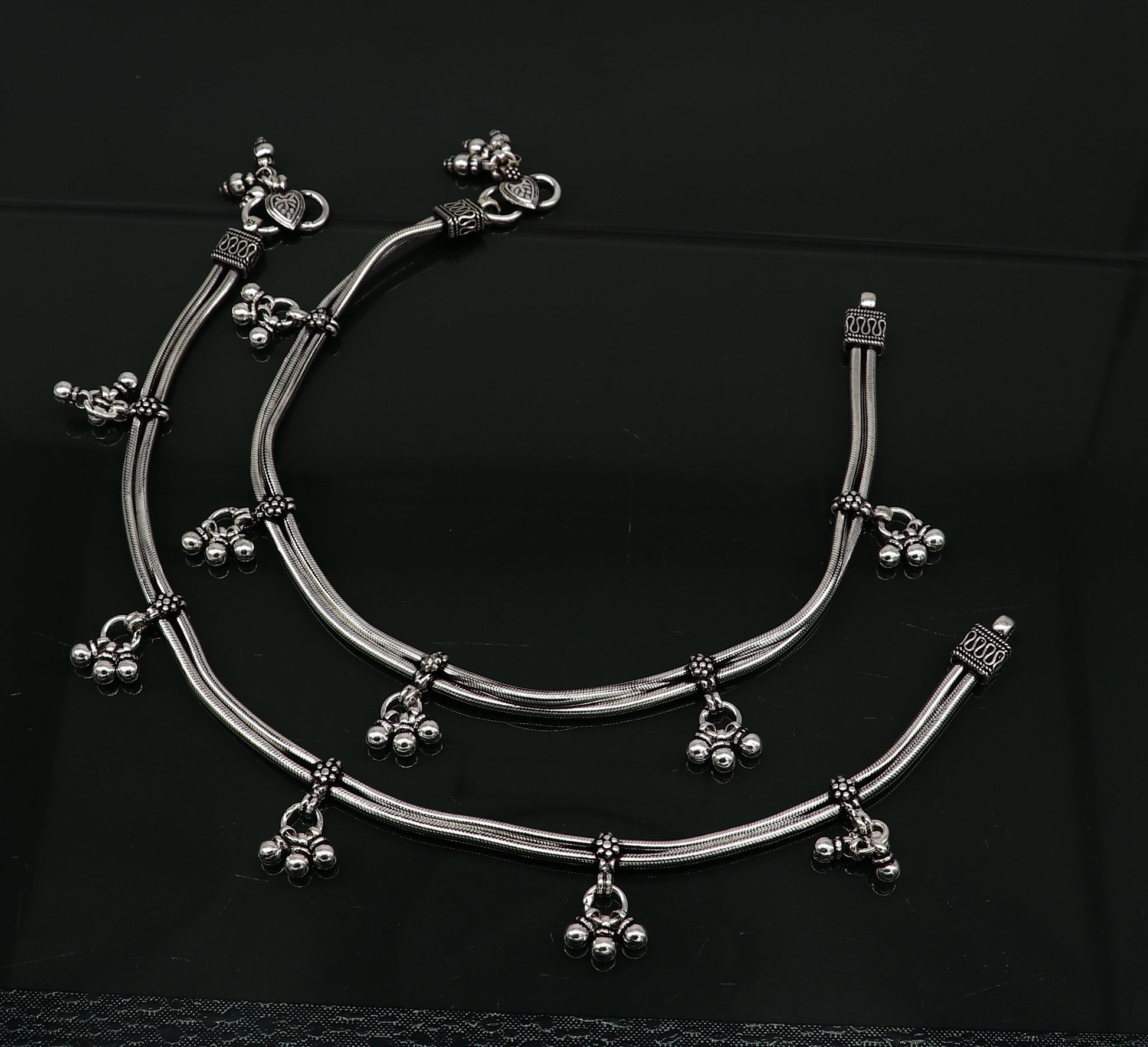 Vintage 10.5-inch sterling silver snake-style anklet with hanging bells, handcrafted tribal foot jewelry by TRIBAL ORNAMENTS.
