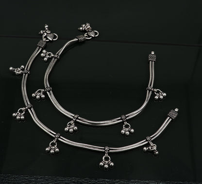 Vintage 10.5-inch sterling silver snake-style anklet with hanging bells, handcrafted tribal foot jewelry by TRIBAL ORNAMENTS.