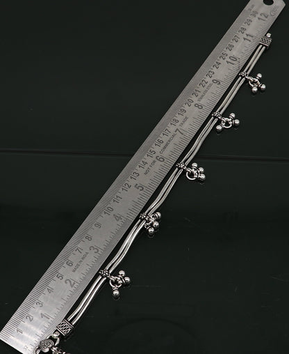 Sterling silver vintage snake-style anklet with hanging bells, handmade tribal foot jewelry, 10.5-inch ankle bracelet by Tribal Ornaments.