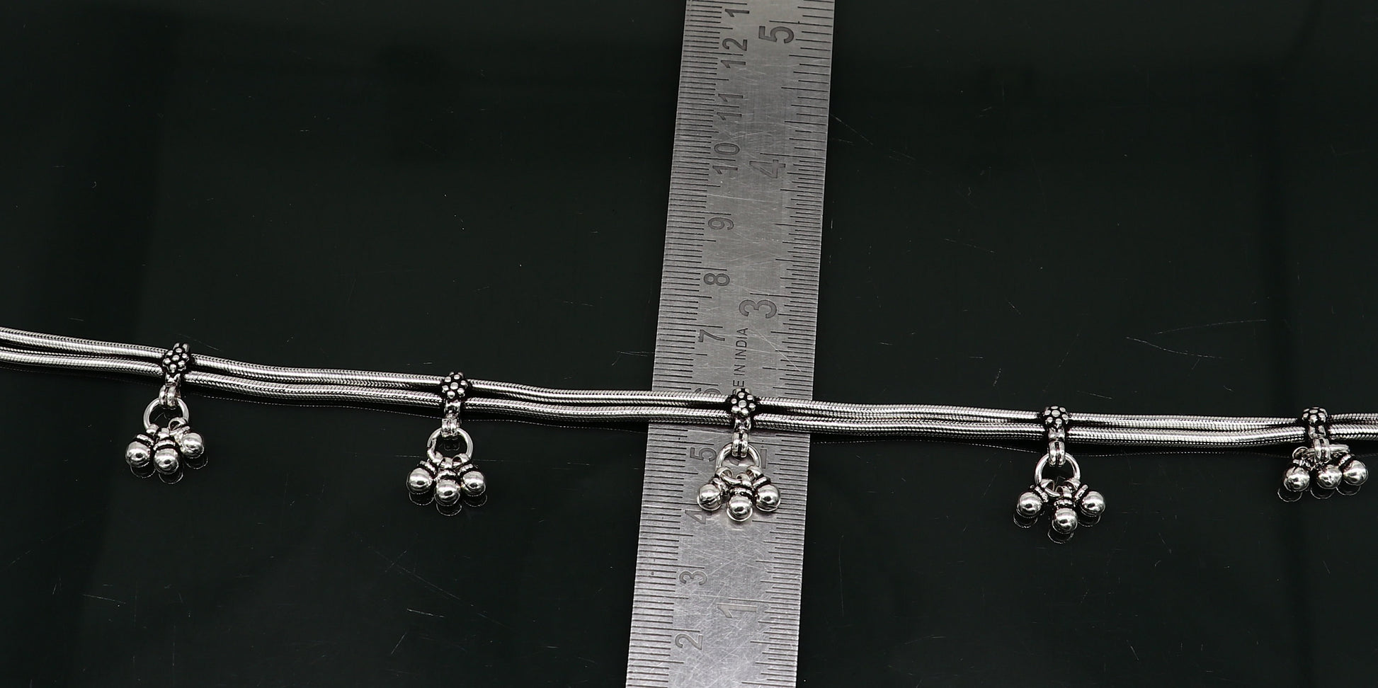 Vintage 10.5-inch sterling silver snake style anklet with hanging bells, handmade tribal ankle bracelet with antique design.