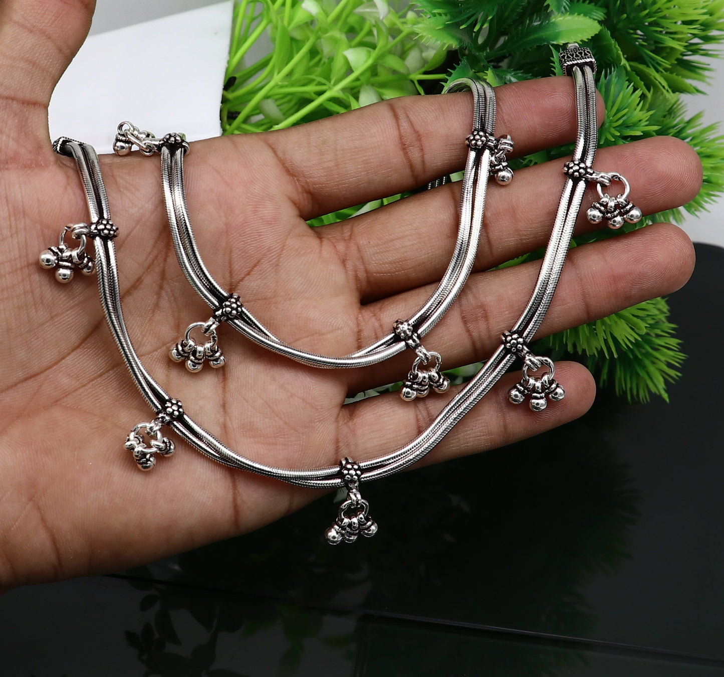 Vintage 10.5-inch sterling silver snake-style anklet with hanging bells, handmade tribal ankle bracelet with intricate design.