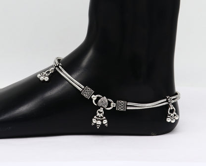 Sterling silver vintage snake-style anklet with hanging bells, handmade tribal foot jewelry by TRIBAL ORNAMENTS.