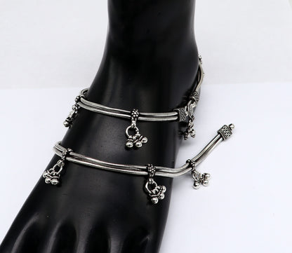 Sterling silver vintage snake-style anklet with hanging bells, handmade tribal ankle bracelet, foot jewelry and belly jewelry design