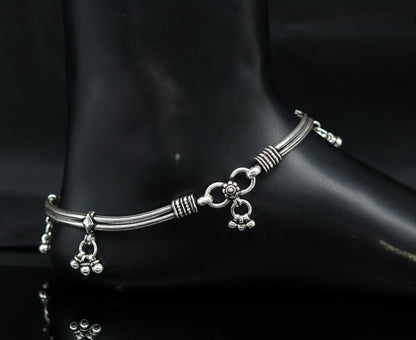 Sterling silver vintage-style snake chain anklet with hanging bells, customized foot bracelet by TRIBAL ORNAMENTS.