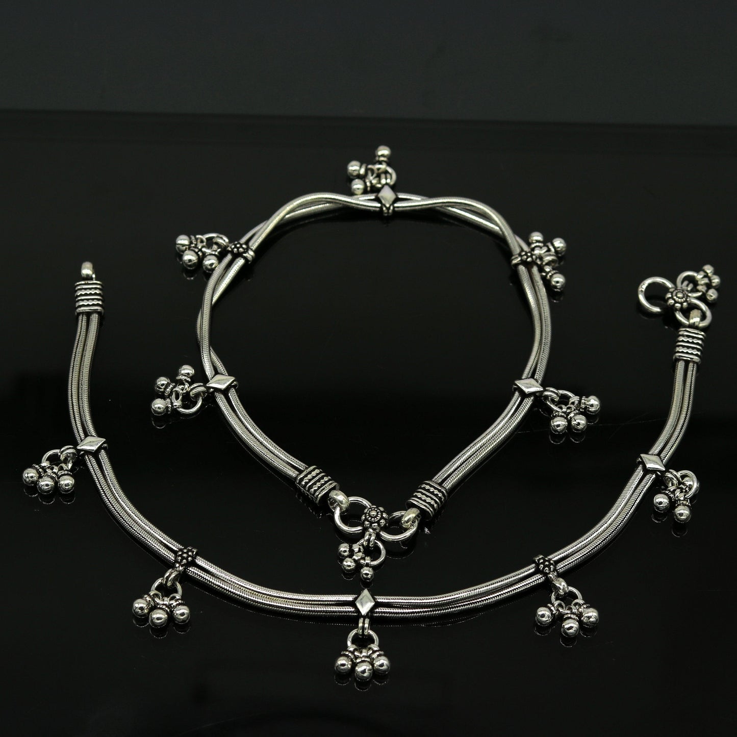 10.5" 925 Sterling silver Vintage style customized snake chain anklets, ankle bracelet, foot bracelet with hanging bells jewelry nank274 - TRIBAL ORNAMENTS