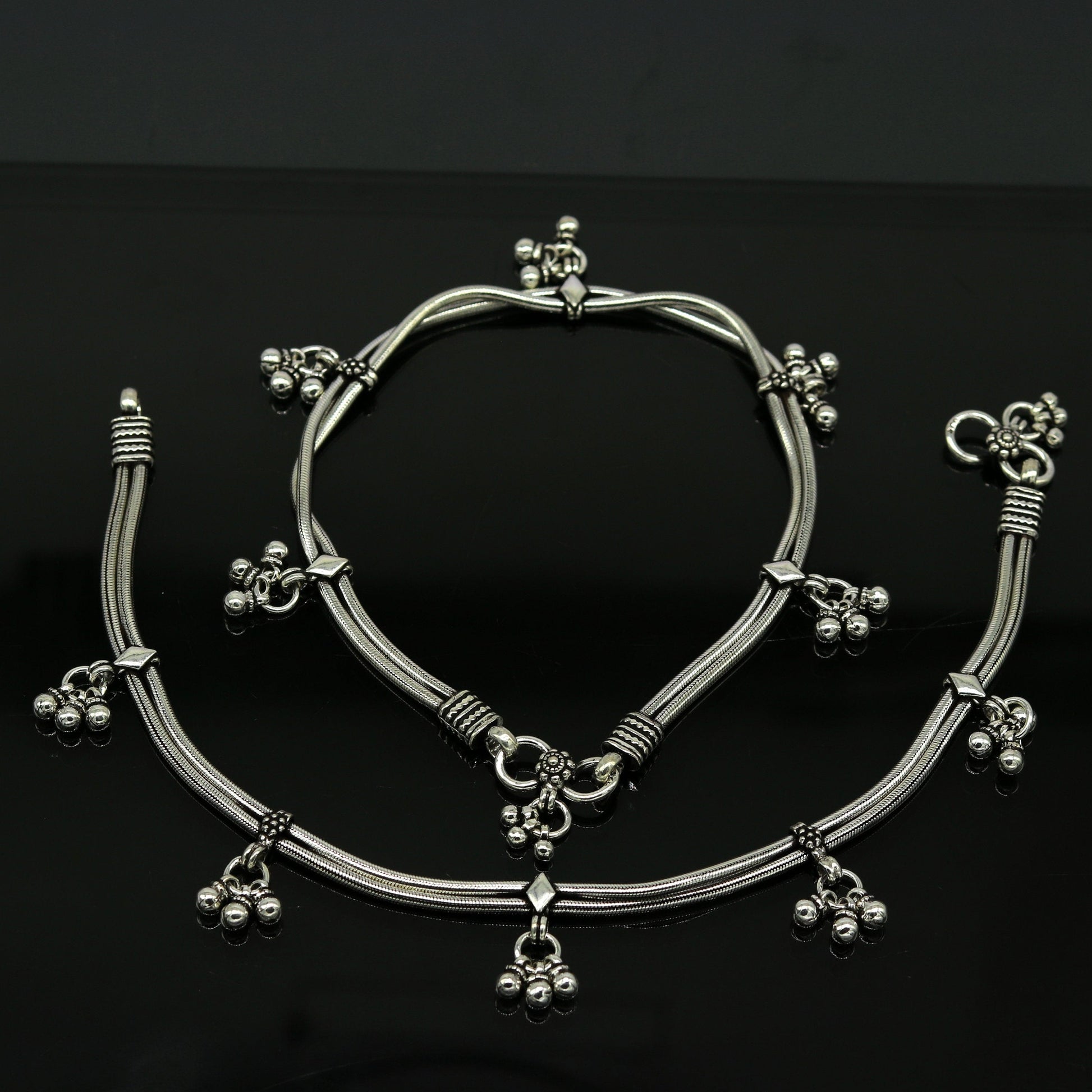 10.5" 925 Sterling silver Vintage style customized snake chain anklets, ankle bracelet, foot bracelet with hanging bells jewelry nank274 - TRIBAL ORNAMENTS