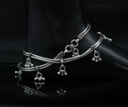 Sterling silver vintage-style snake chain anklet with hanging bells, customized foot jewelry from TRIBAL ORNAMENTS.