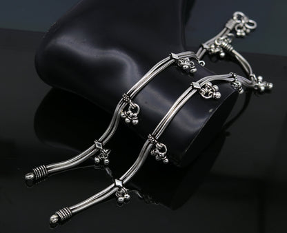 Sterling silver vintage-style snake chain anklet with hanging bells, foot jewelry, customized design by TRIBAL ORNAMENTS.