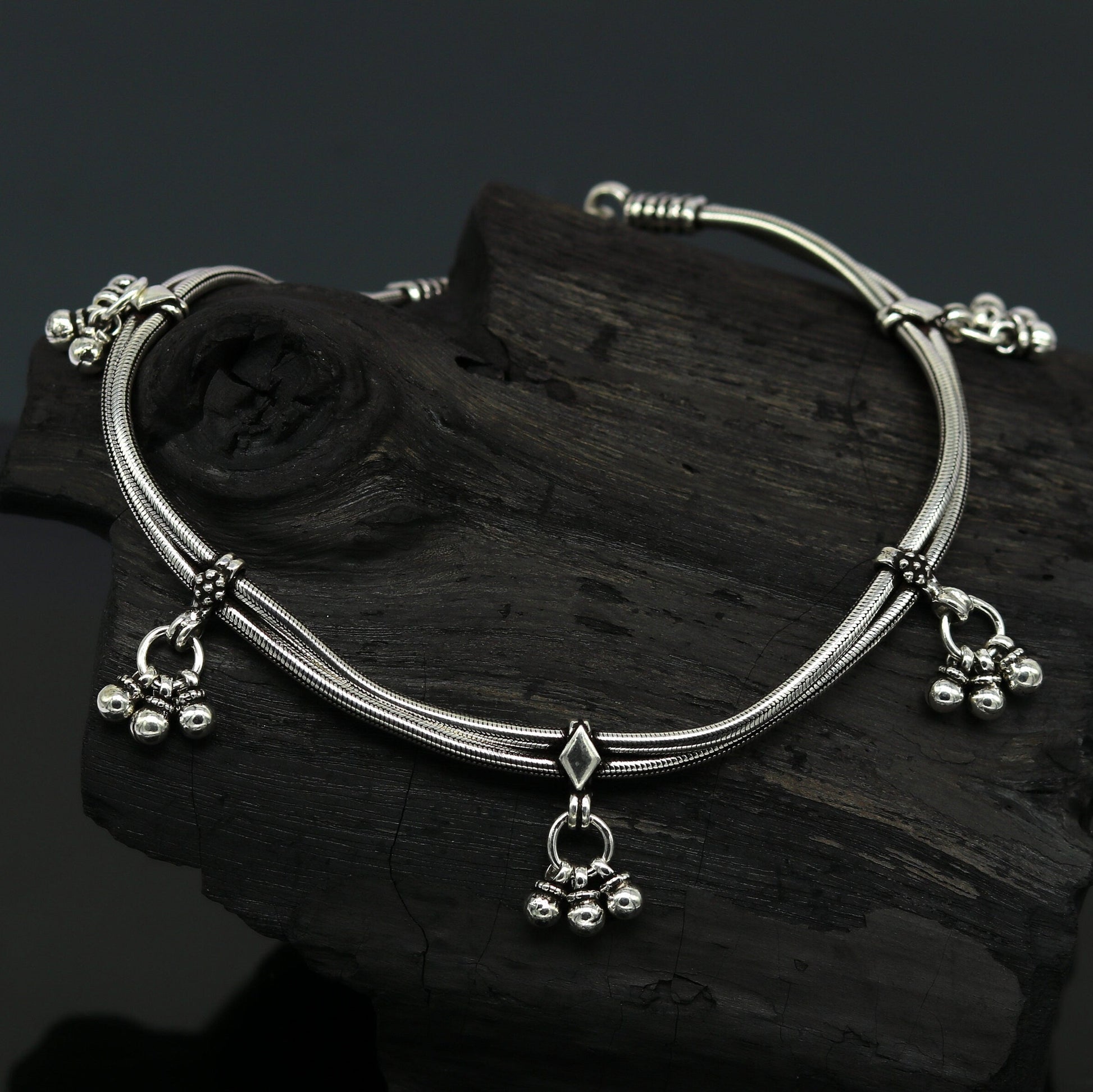 10.5" 925 Sterling silver Vintage style customized snake chain anklets, ankle bracelet, foot bracelet with hanging bells jewelry nank274 - TRIBAL ORNAMENTS