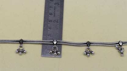 Sterling silver vintage-style snake chain anklet with hanging bells, custom design, tribal ornaments jewelry for ankle or foot.
