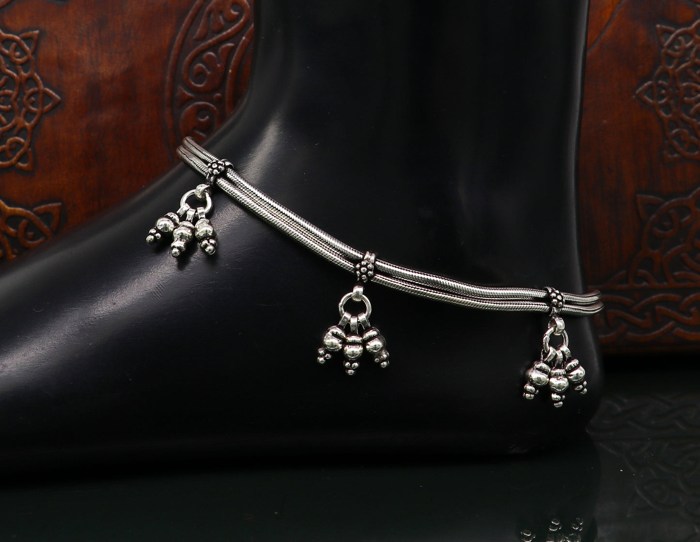 10.5" 925 Sterling silver Vintage style customized snake chain anklets, ankle bracelet, foot bracelet with hanging bells jewelry ank333 - TRIBAL ORNAMENTS