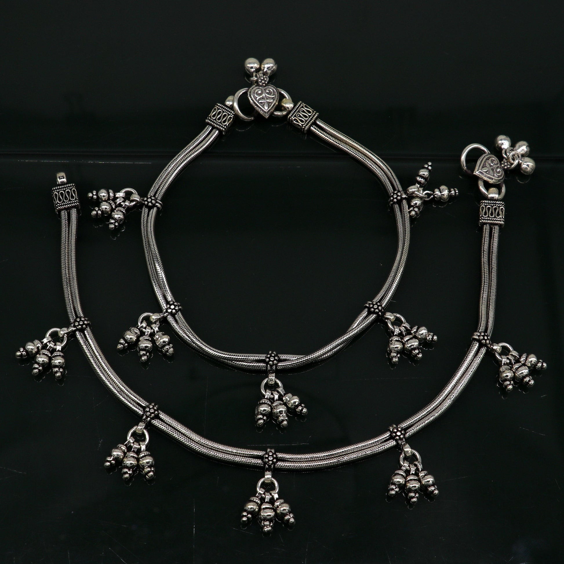 10.5" 925 Sterling silver Vintage style customized snake chain anklets, ankle bracelet, foot bracelet with hanging bells jewelry ank333 - TRIBAL ORNAMENTS