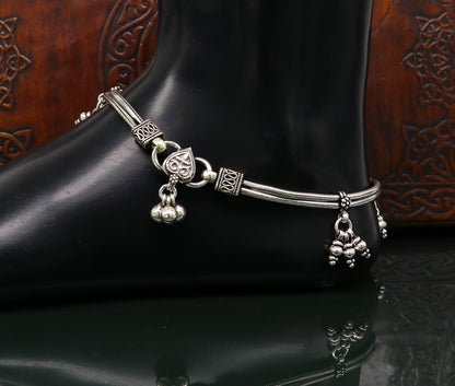 Sterling silver vintage snake chain ankle bracelet with hanging bells, tribal ornaments style, 10.5 inches, jewelry accessory.