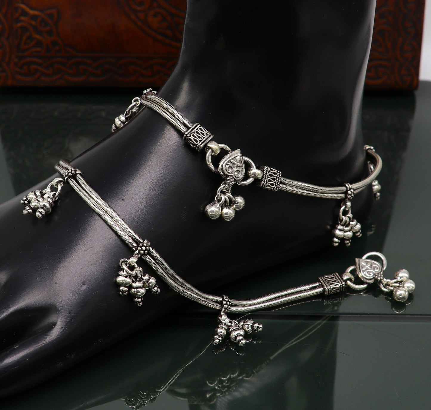 10.5" 925 Sterling silver Vintage style customized snake chain anklets, ankle bracelet, foot bracelet with hanging bells jewelry ank333 - TRIBAL ORNAMENTS