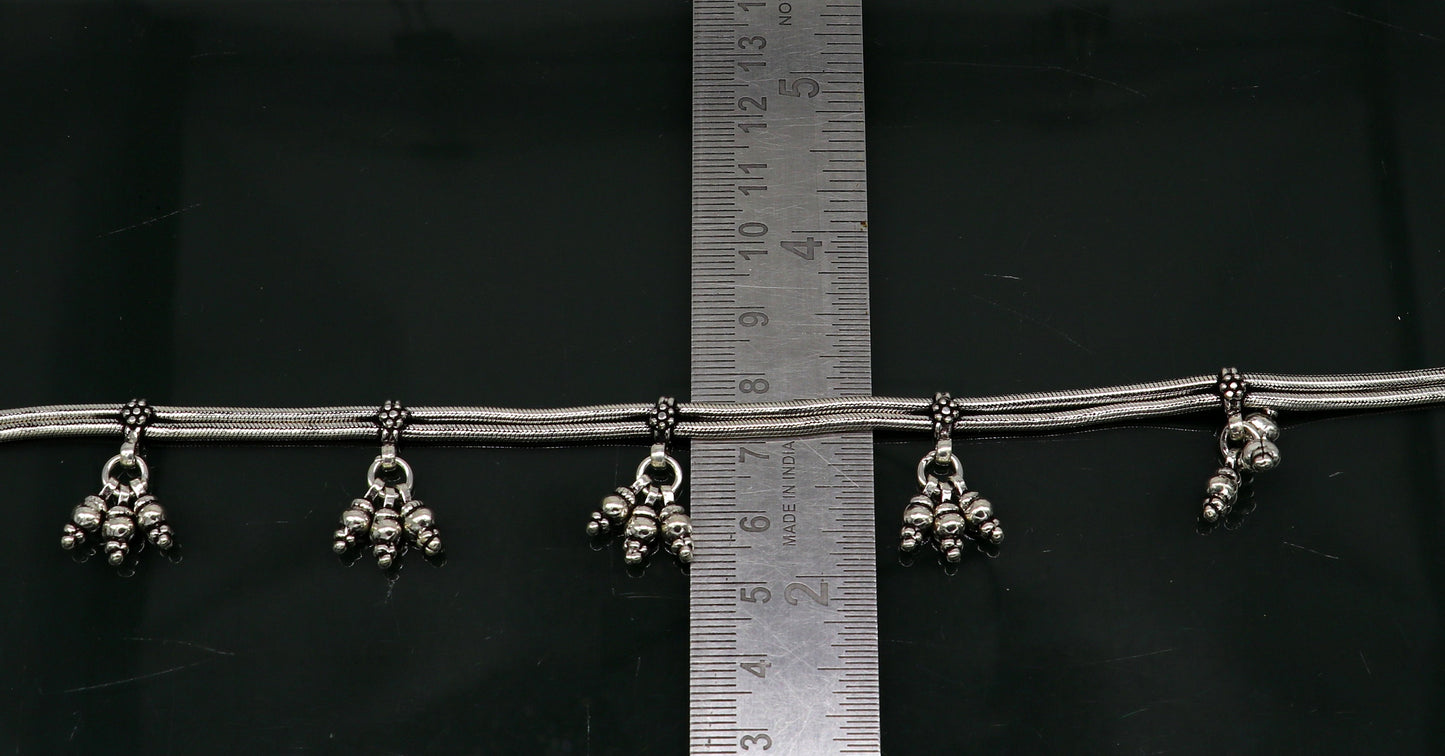 10.5" 925 Sterling silver Vintage style customized snake chain anklets, ankle bracelet, foot bracelet with hanging bells jewelry ank333 - TRIBAL ORNAMENTS