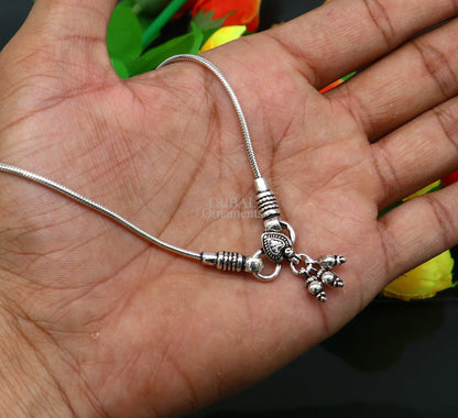 Sterling silver 10.5-inch handmade snake chain ankle bracelet with intricate design, perfect for belly dance jewelry and gifts.