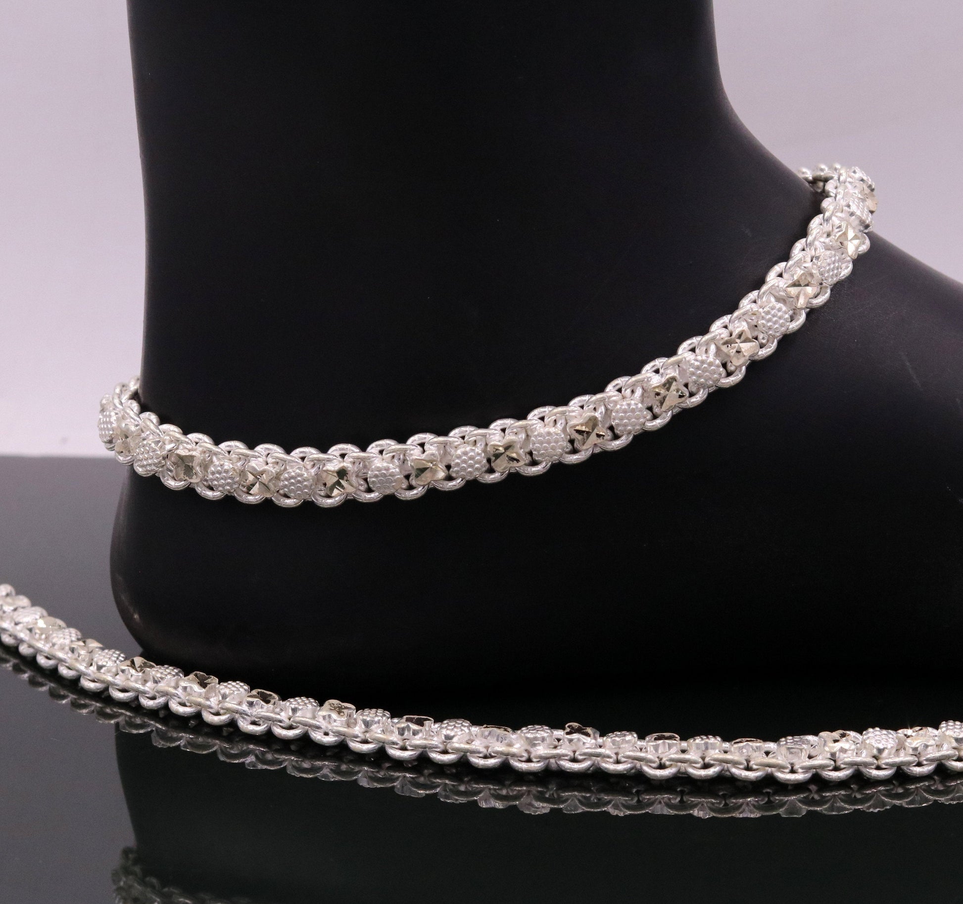 10.5-inch handmade sterling silver anklet with vintage antique tribal design, stylish foot bracelet for belly dance jewelry.