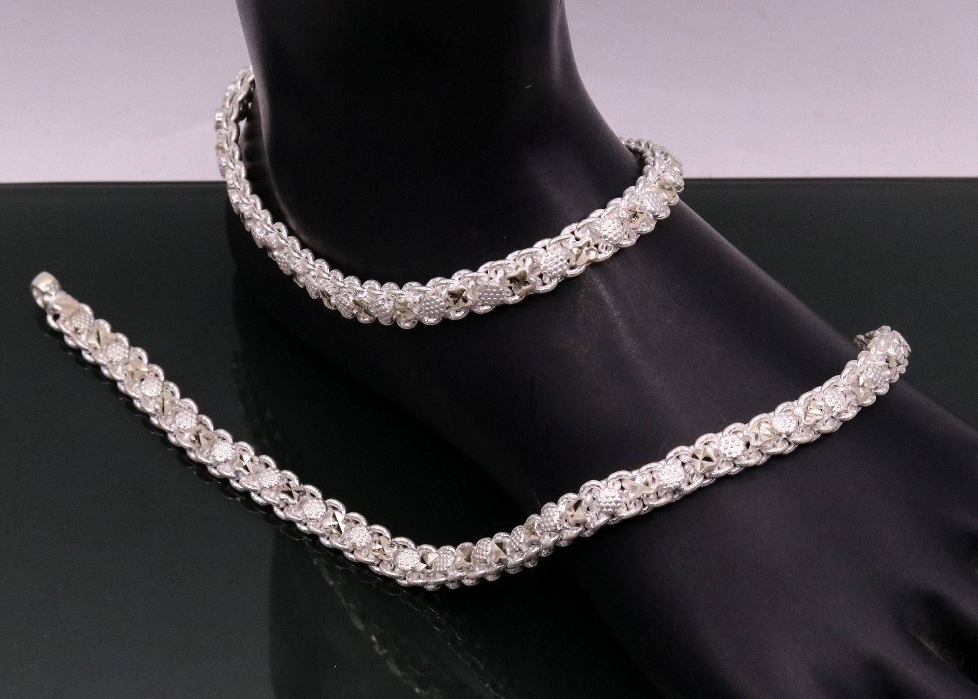 Sterling silver 10.5-inch handmade vintage tribal anklet with antique design, solid foot bracelet perfect for belly dance jewelry.