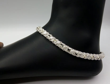 Handmade 10.5-inch vintage sterling silver anklet with antique tribal design, stylish foot bracelet for belly dance jewelry.