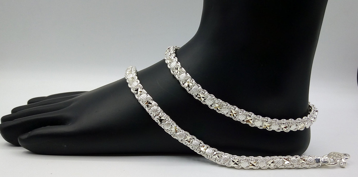 Vintage sterling silver anklet with intricate tribal design, handmade foot bracelet perfect for belly dance and bohemian style.