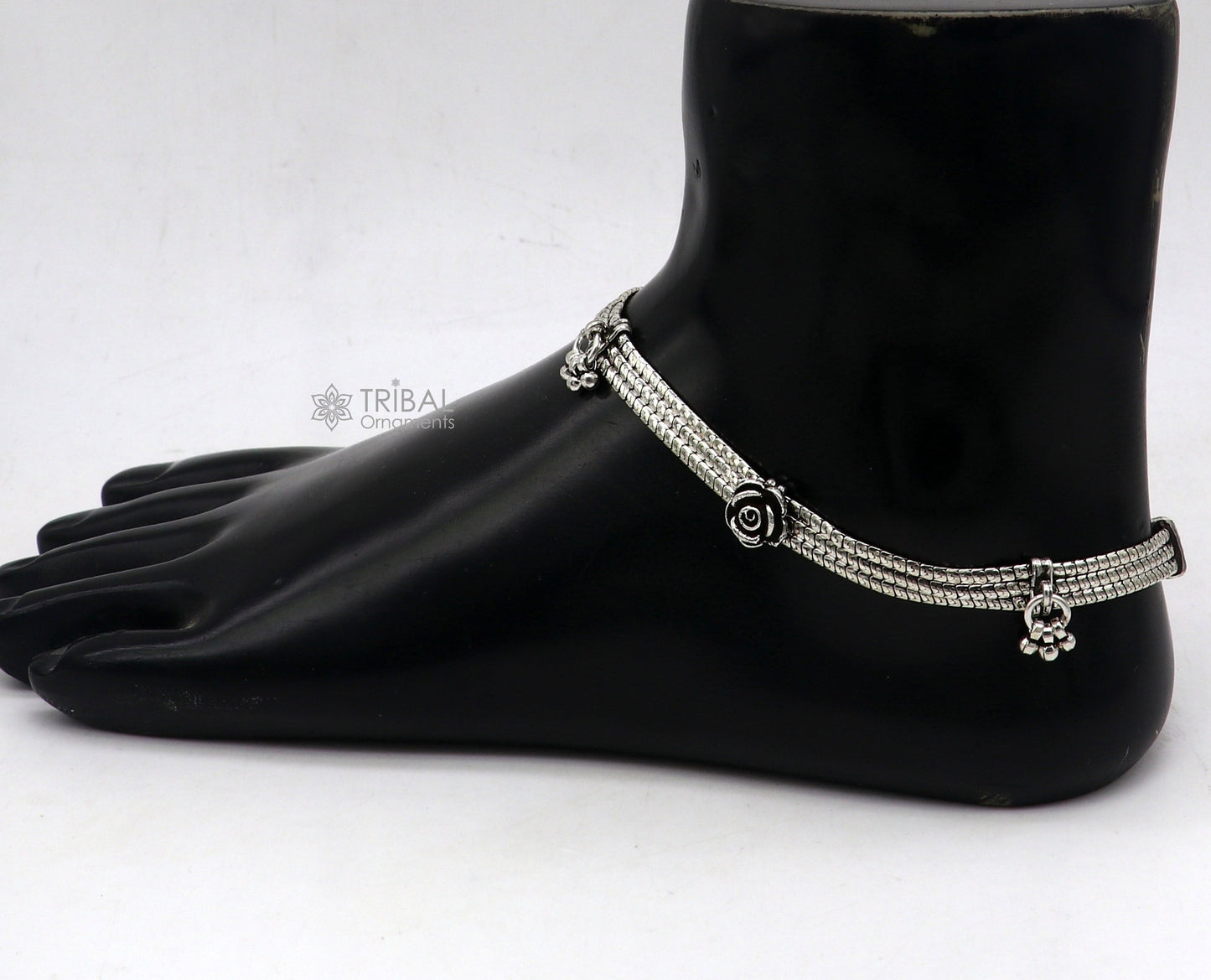 10.5-inch sterling silver vintage rose flower design 3-string anklet with charm, tribal ornament foot jewelry featuring floral details