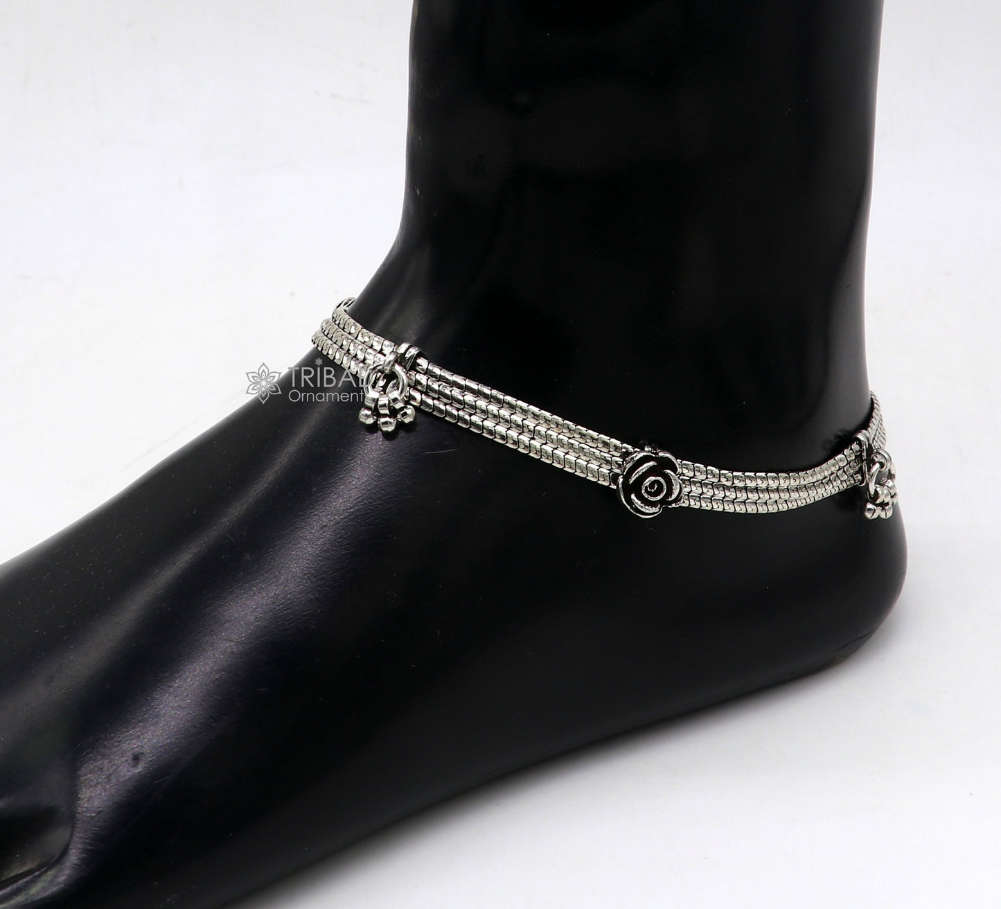 Sterling silver vintage rose flower design 3-string anklet with charm, tribal ornaments foot bracelet, 10.5 inches long.