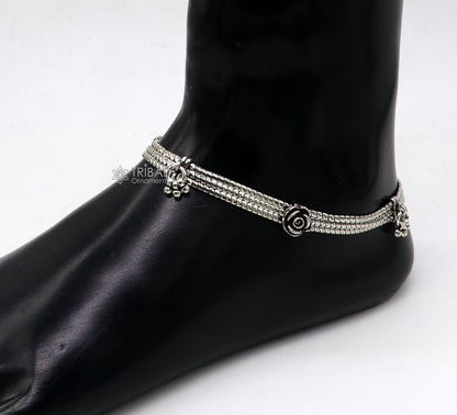 Sterling silver vintage rose flower design 3-string anklet with charm, tribal ornaments foot bracelet, 10.5 inches long.