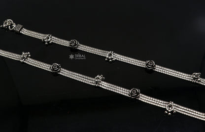 Sterling silver vintage rose flower design 3-string anklet with charm, tribal ornaments foot jewelry, 10.5 inches ankle bracelet