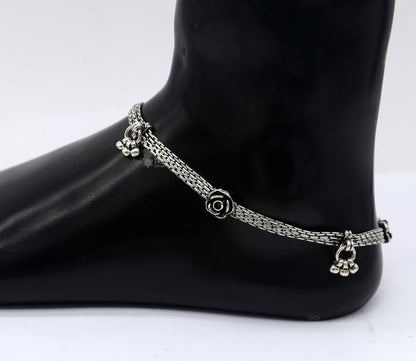 Sterling silver vintage rose flower design 4-line anklet with hanging charms, 10.5 inches, by TRIBAL ORNAMENTS.
