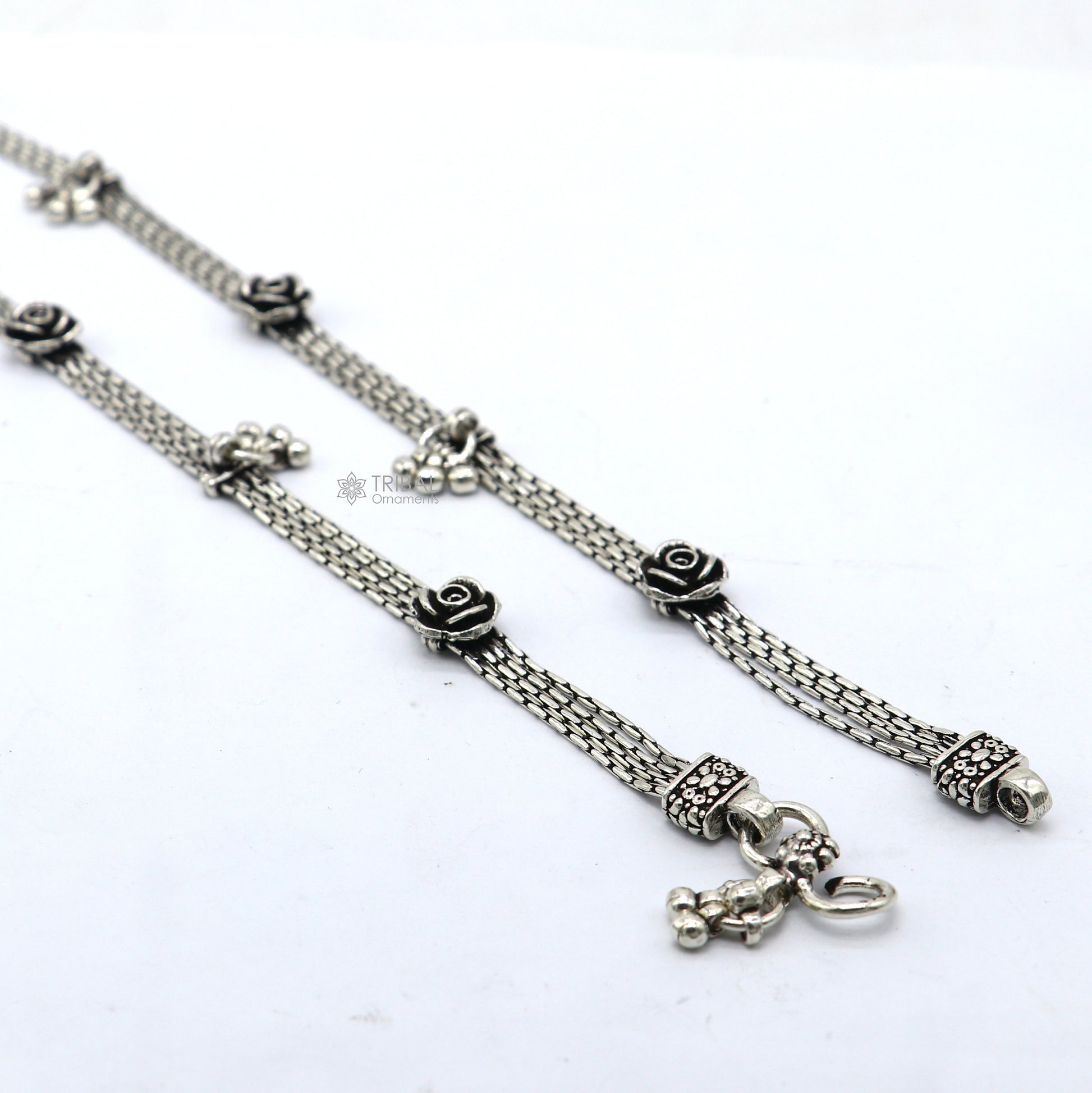 10.5" inches 925 Sterling silver vintage rose flower design 4 line  anklets foot bracelet with gorgeous hangings charm jewelry  ank617 - TRIBAL ORNAMENTS