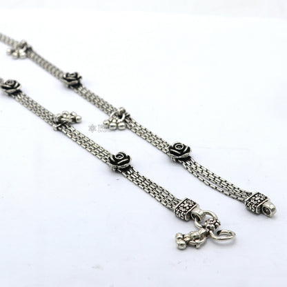 Sterling silver vintage rose flower design 10.5-inch anklet with four lines and hanging charms, crafted by Tribal Ornaments.