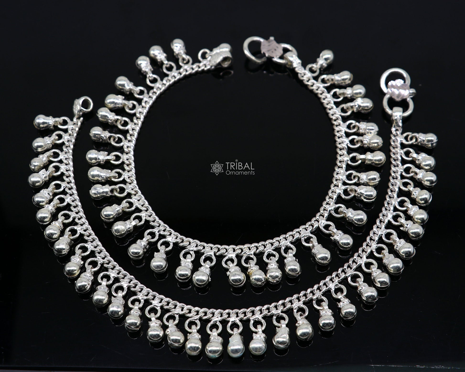 10.5" Long handmade sterling silver amazing hanging drops ankle bracelet, gorgeous charm anklets belly dance ethnic tribal jewelry ank539 - TRIBAL ORNAMENTS