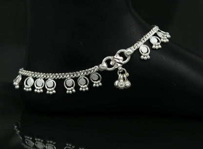Handmade sterling silver ankle bracelet with noisy bells and charm, perfect for belly dance or bohemian jewelry styling.