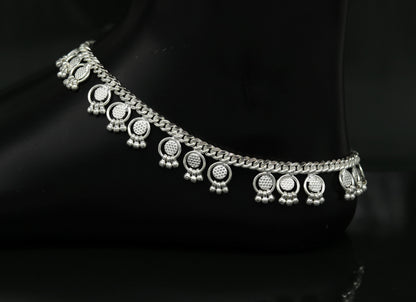 Sterling silver ankle bracelet with noisy bells and charms, handmade tribal jewelry for belly dance or gift-giving.