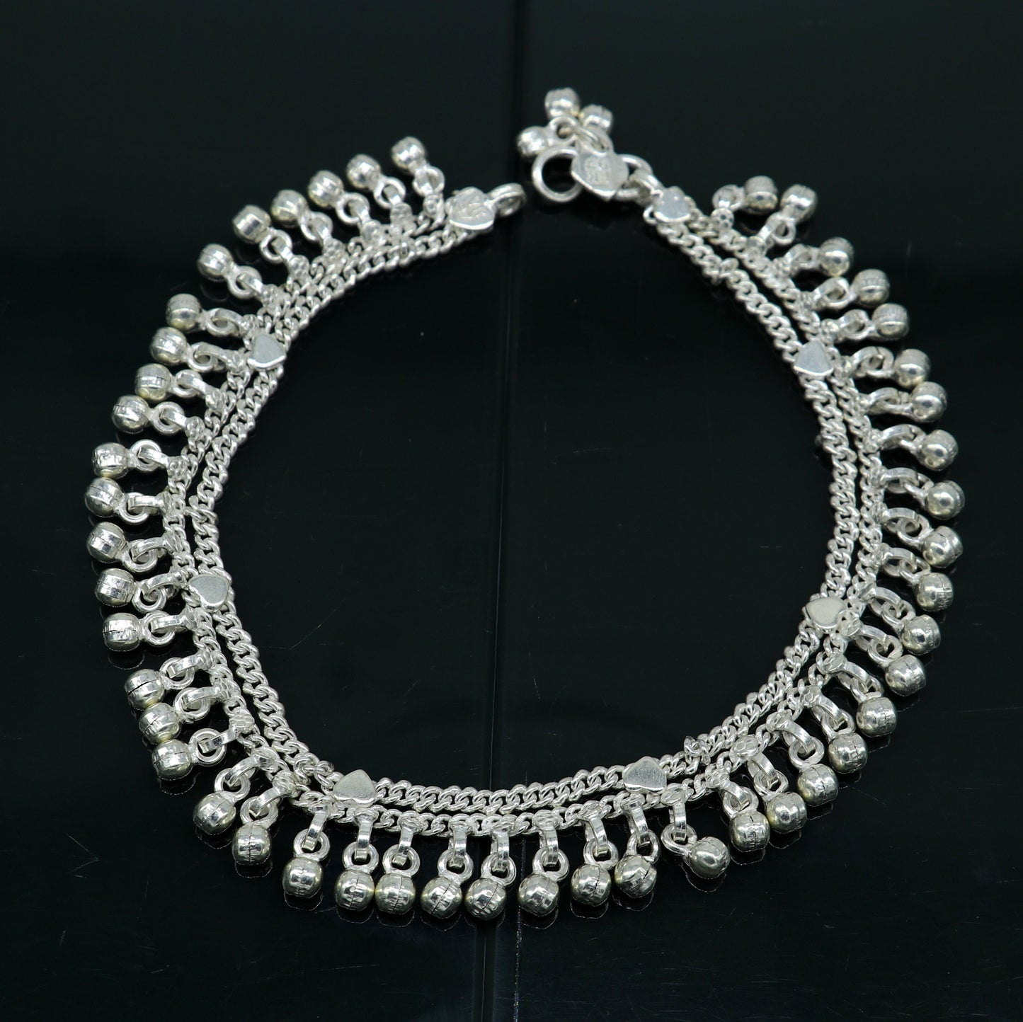 10.5" long handmade sterling silver gorgeous anklet bracelet, wonderful noisy hanging bells charm anklets girls women's belly dance ank339 - TRIBAL ORNAMENTS