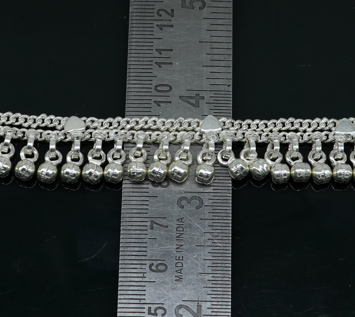 10.5" long handmade sterling silver gorgeous anklet bracelet, wonderful noisy hanging bells charm anklets girls women's belly dance ank339 - TRIBAL ORNAMENTS