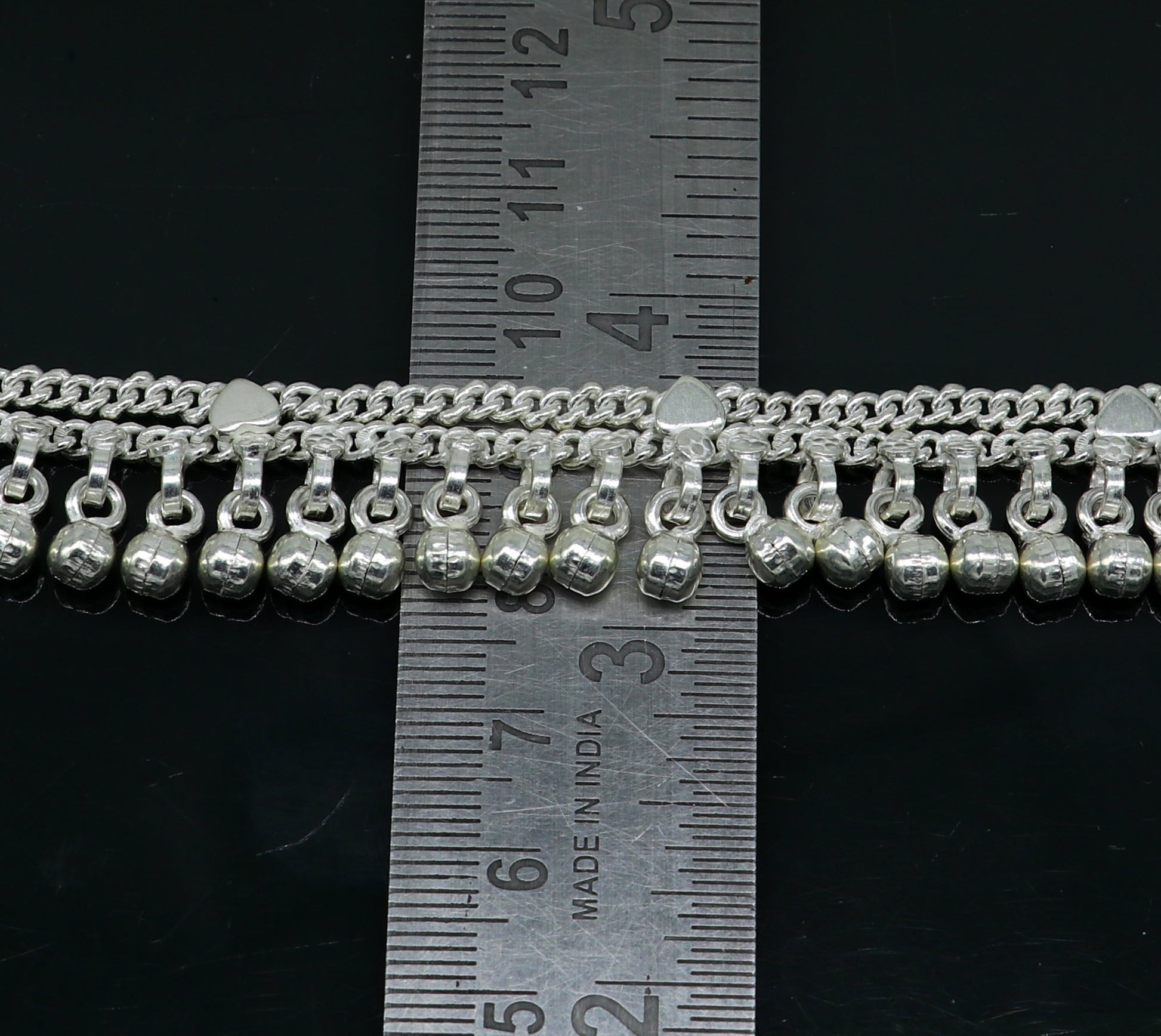 10.5" long handmade sterling silver gorgeous anklet bracelet, wonderful noisy hanging bells charm anklets girls women's belly dance ank339 - TRIBAL ORNAMENTS