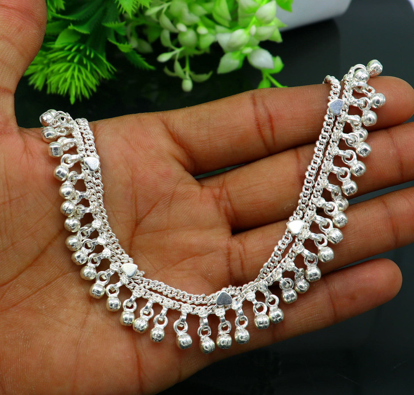 10.5" long handmade sterling silver gorgeous anklet bracelet, wonderful noisy hanging bells charm anklets girls women's belly dance ank339 - TRIBAL ORNAMENTS