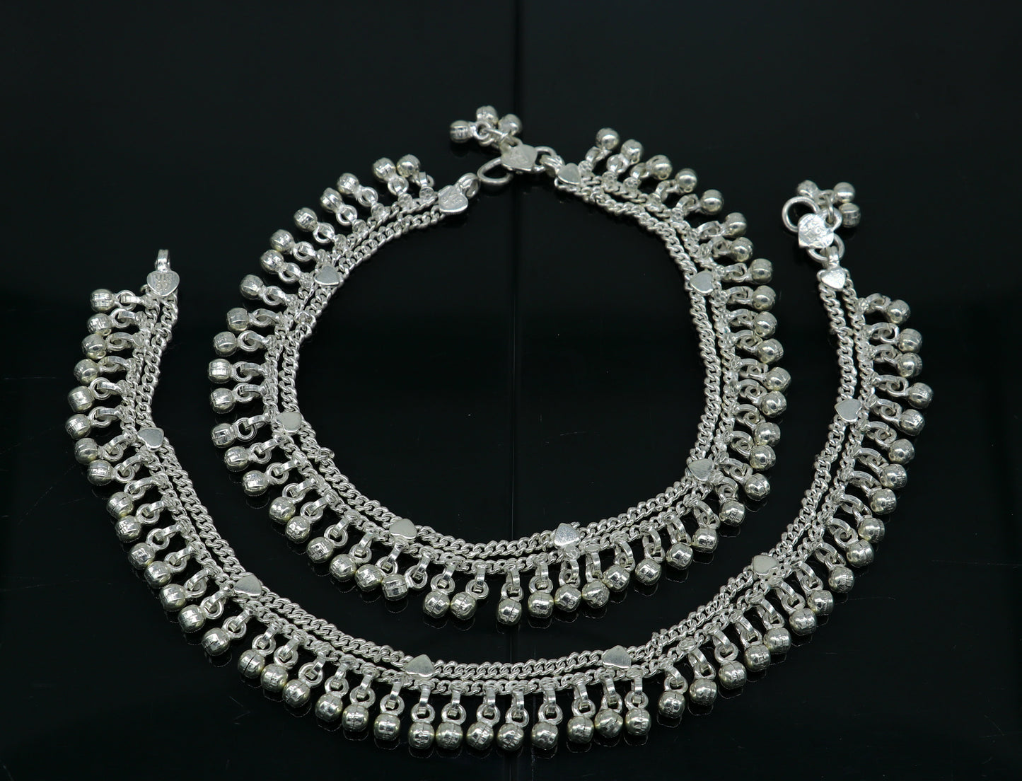 10.5" long handmade sterling silver gorgeous anklet bracelet, wonderful noisy hanging bells charm anklets girls women's belly dance ank339 - TRIBAL ORNAMENTS