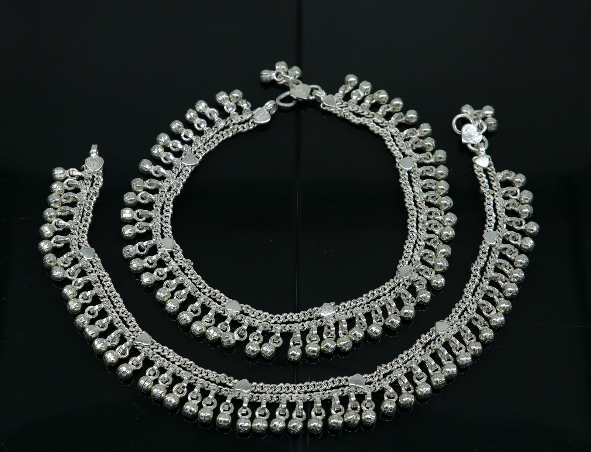 10.5" long handmade sterling silver gorgeous anklet bracelet, wonderful noisy hanging bells charm anklets girls women's belly dance ank339 - TRIBAL ORNAMENTS