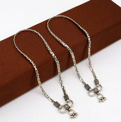 Pair of 10.5-inch TRIBAL ORNAMENTS sterling silver handmade lightweight chain anklets with intricate design, perfect for trendy foot jewelry.