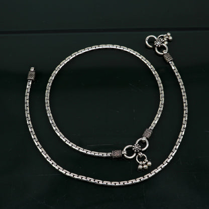 Pair of 10.5-inch handmade sterling silver chain anklets from TRIBAL ORNAMENTS, lightweight trendy foot jewelry for women.