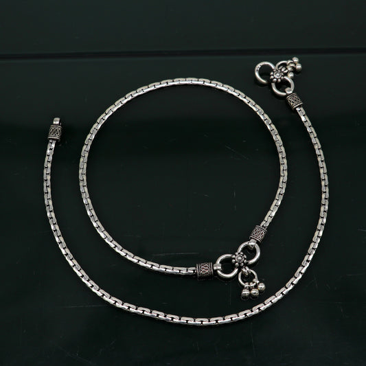 10.5" pure 925 sterling silver handmade solid gorgeous light weight chain anklets pair, trendy foot bracelet jewelry gift to her ank336 - TRIBAL ORNAMENTS